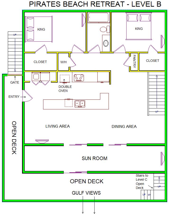 A level B layout view of Sand 'N Sea's beachside house vacation rental in Galveston named Pirates Beach Retreat